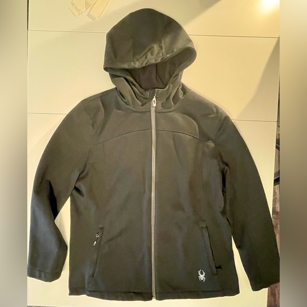 Spyder Jacket Womens XL Black Full Zip Hooded - water resistant, wind blocker.